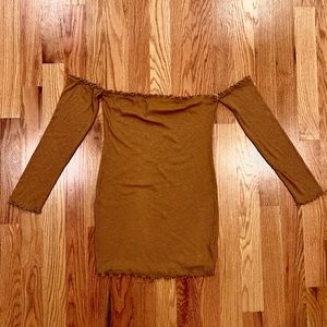 POPULAR 21 - JUNIORS OFF THE SHOULDER MUSTARD YELLOW RIBBED MINI DRESS